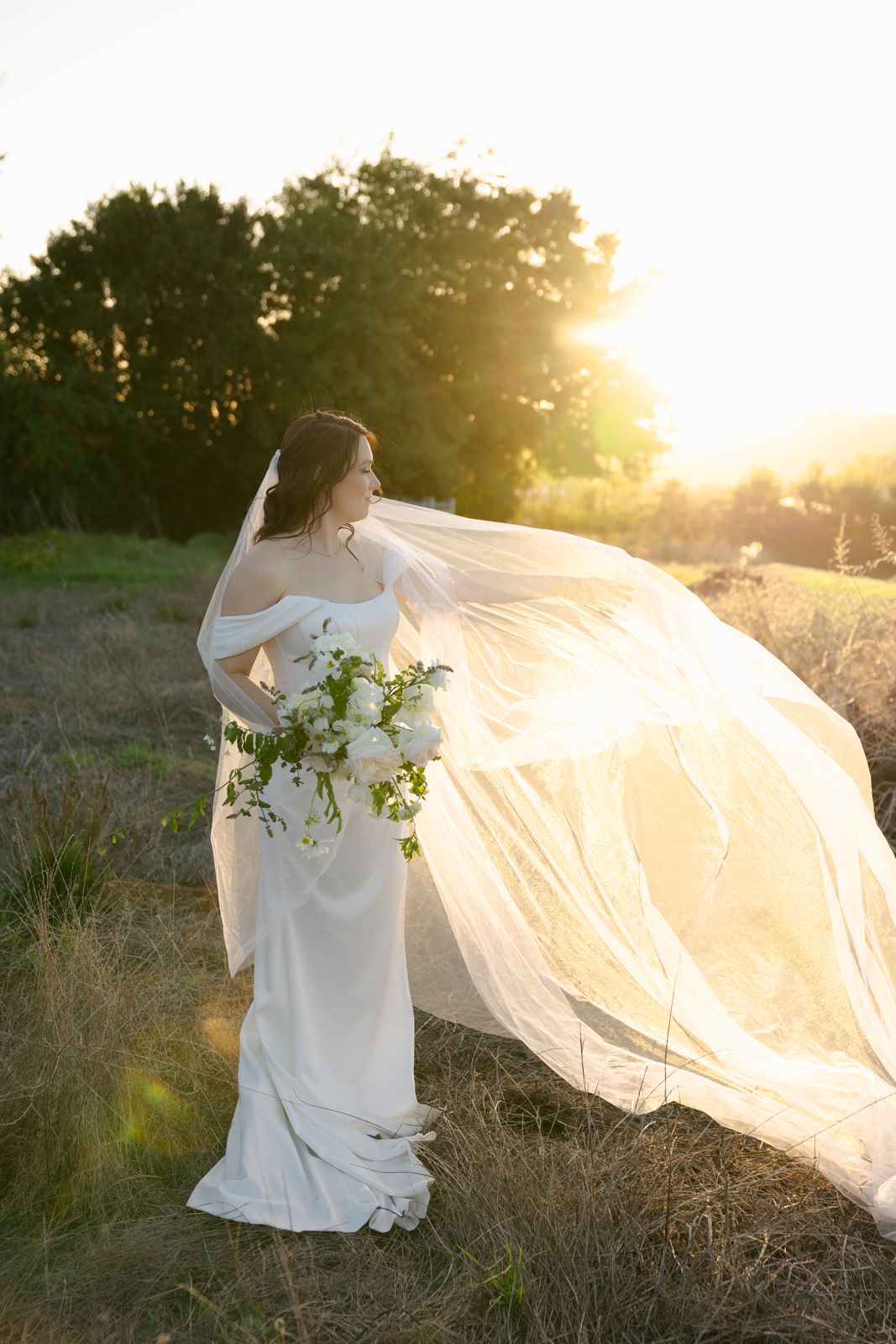 Bride with her veil catching the evening light