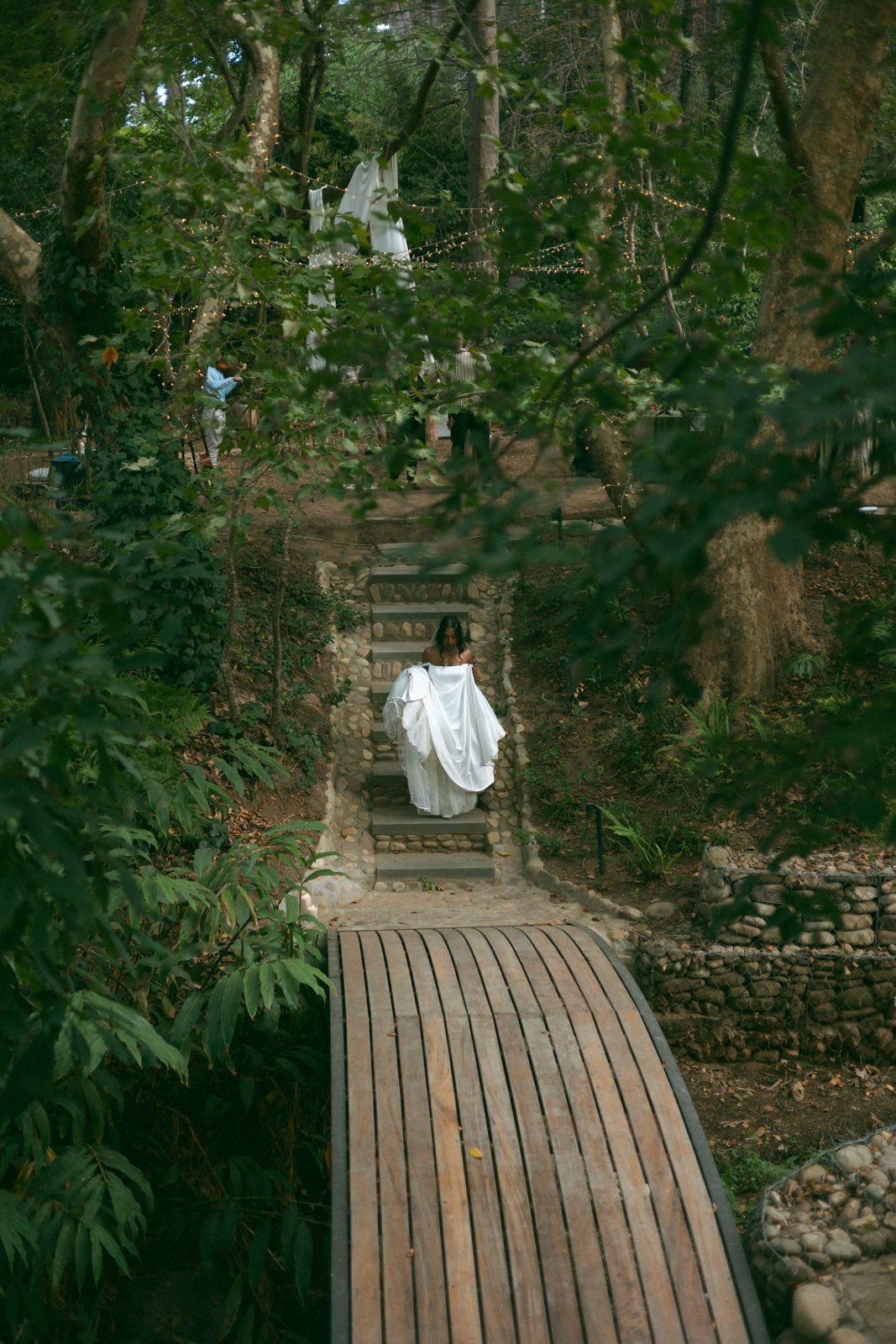 Bride walking down a wooden forest path