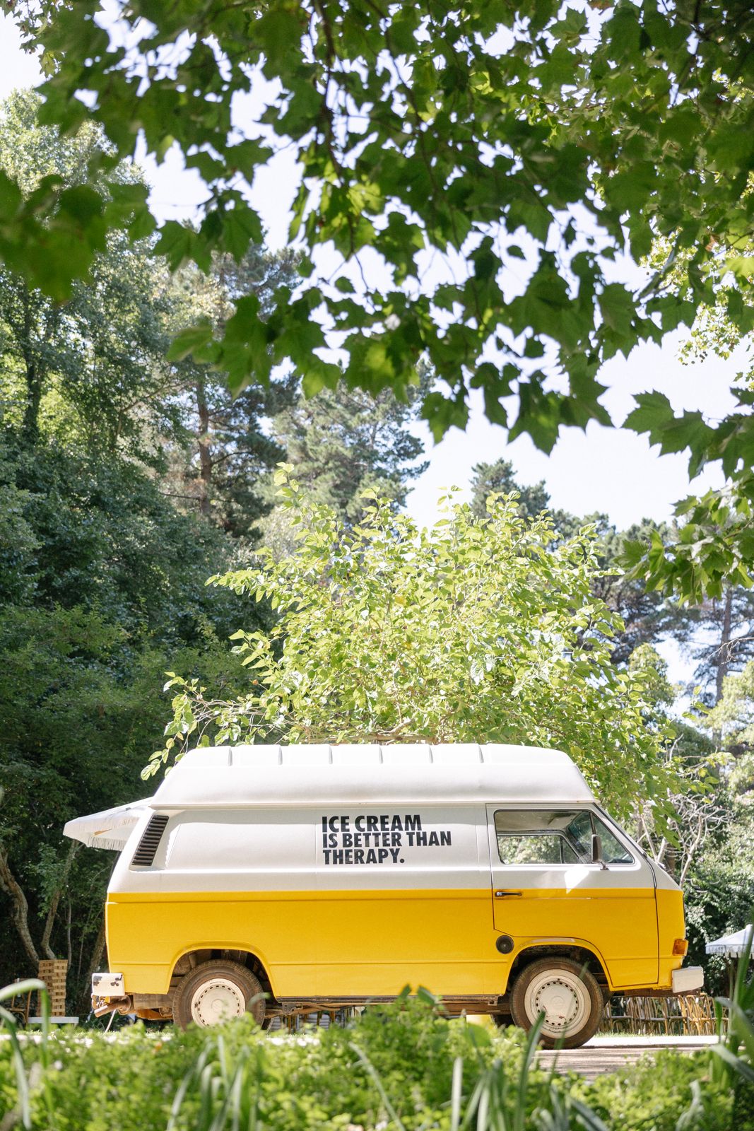 Yellow ice cream van parked beneath the trees